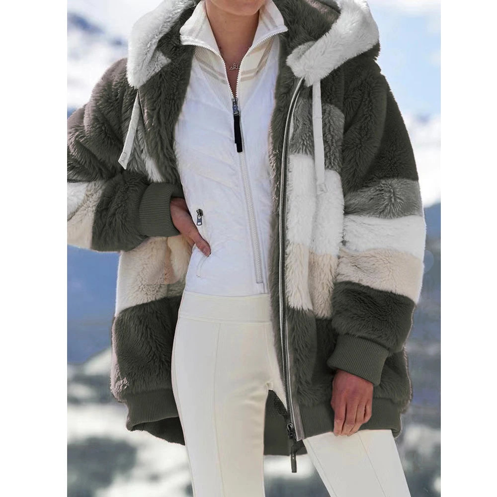 Oversized Plush Hooded Jacket — Warm Cashmere Streetwear Coat with Zipper & Pockets for Women