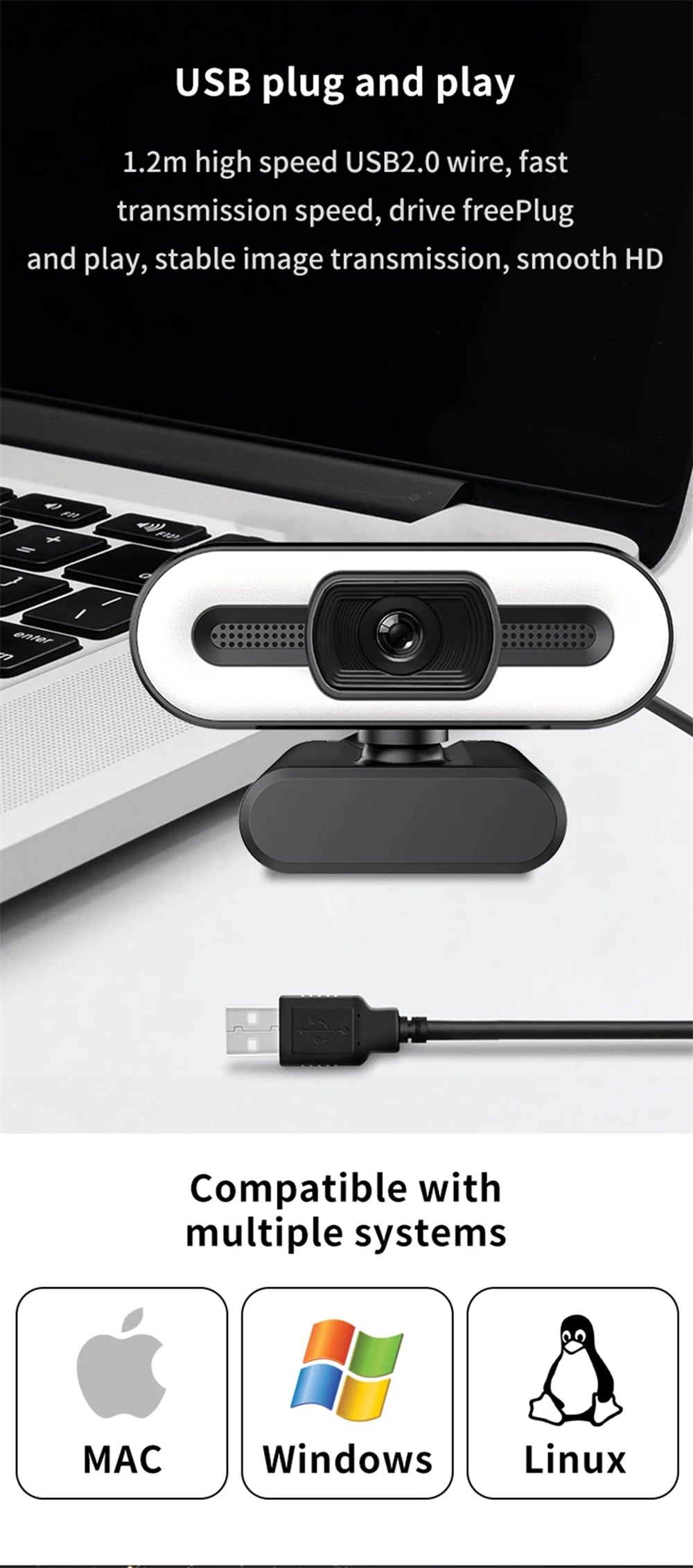 Portable 4K HD Webcam — Auto Focus with Microphone & Light for Live Streaming & Video Calls