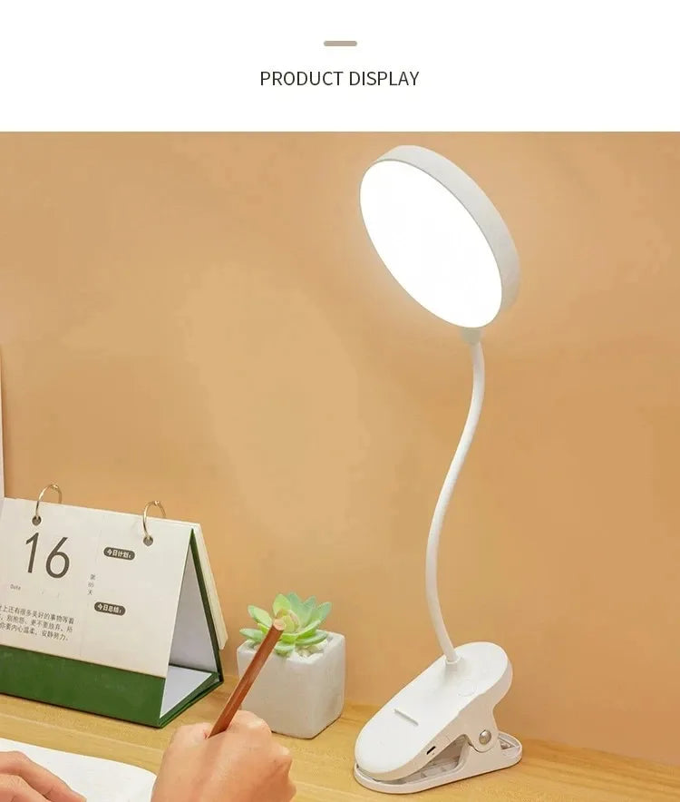 LED Table Lamp with Clamp — USB Rechargeable Foldable Study & Reading Light with Touch 3-Mode Dimming