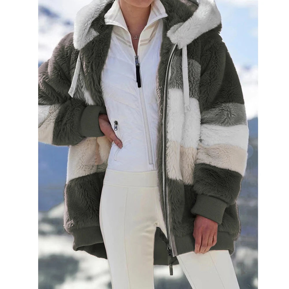 Oversized Plush Hooded Jacket — Warm Cashmere Streetwear Coat with Zipper & Pockets for Women