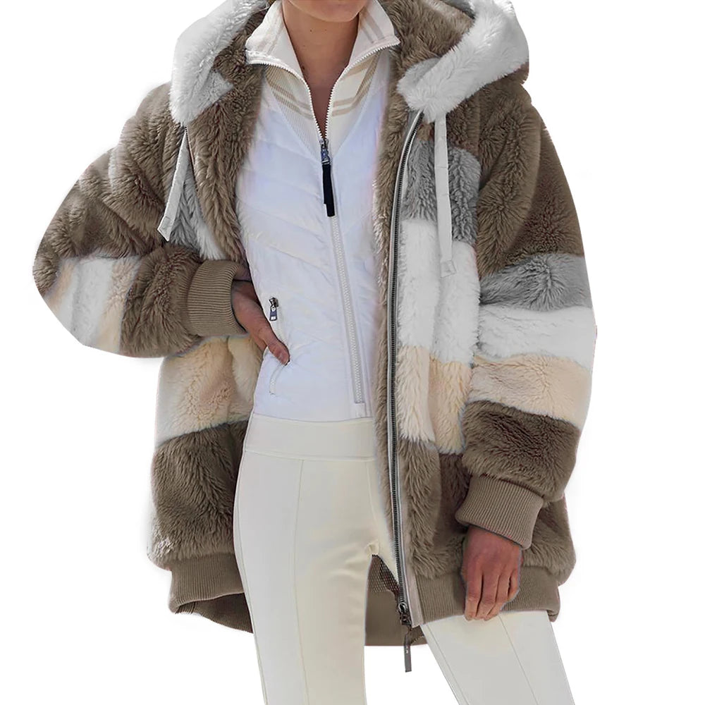 Oversized Plush Hooded Jacket — Warm Cashmere Streetwear Coat with Zipper & Pockets for Women