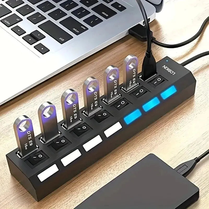 High Speed 4/7 Port USB Hub 2.0 — Multi USB Splitter with LED & Switch for PC & Laptop