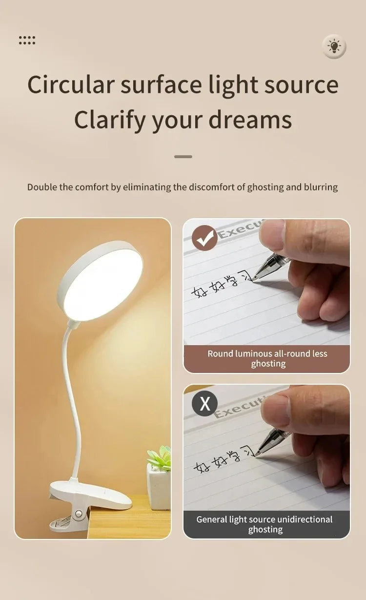 LED Table Lamp with Clamp — USB Rechargeable Foldable Study & Reading Light with Touch 3-Mode Dimming