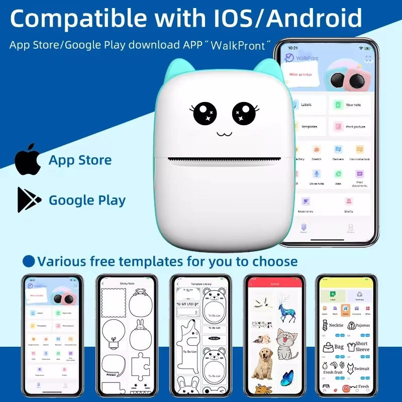 Mini CAT Portable Thermal Printer — Wireless Bluetooth Photo & Label Printer for Android & iOS