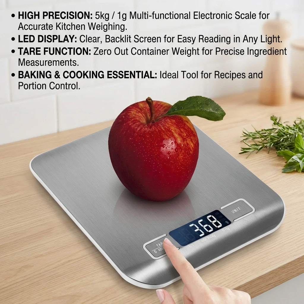 Digital Kitchen Scale — LED Display 5kg Stainless Steel for Food, Baking & Jewelry