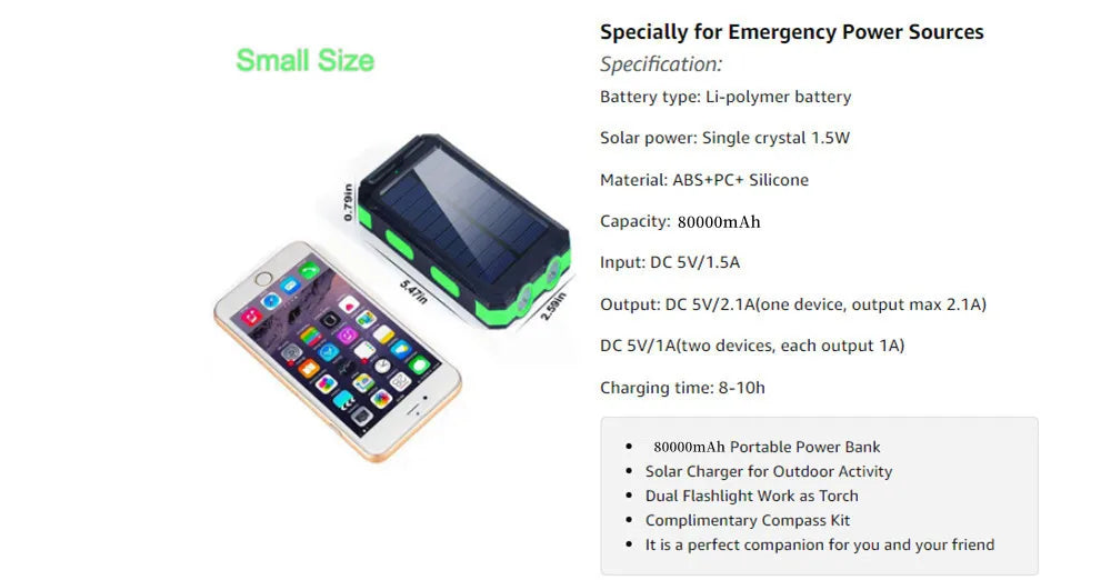 Solar Power Bank 80000mAh — Portable External Battery Charger with LED Light for All Smartphones