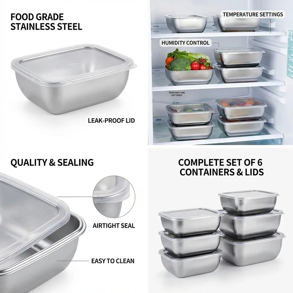5PCS Stainless Steel Meal Prep Containers — Stackable Food Storage for Kitchen, Fridge & Travel