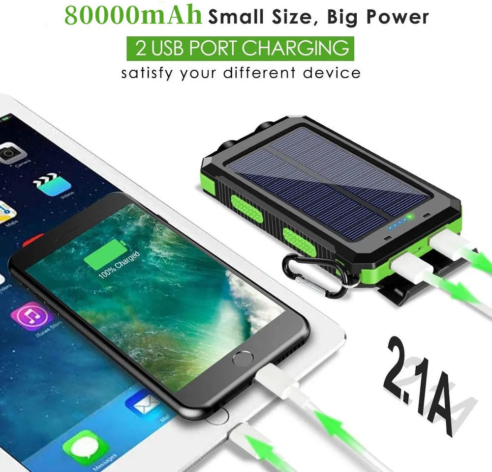 Solar Power Bank 80000mAh — Portable External Battery Charger with LED Light for All Smartphones