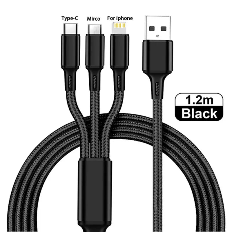 3-in-1 Multi USB Charging Cable — Type-C, Lightning & Micro USB for iPhone, Android & Xiaomi