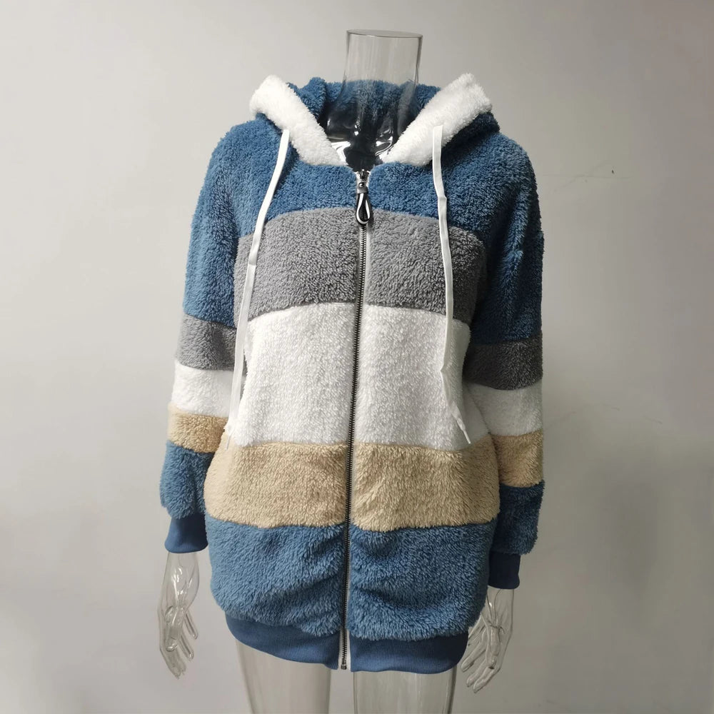 Oversized Plush Hooded Jacket — Warm Cashmere Streetwear Coat with Zipper & Pockets for Women