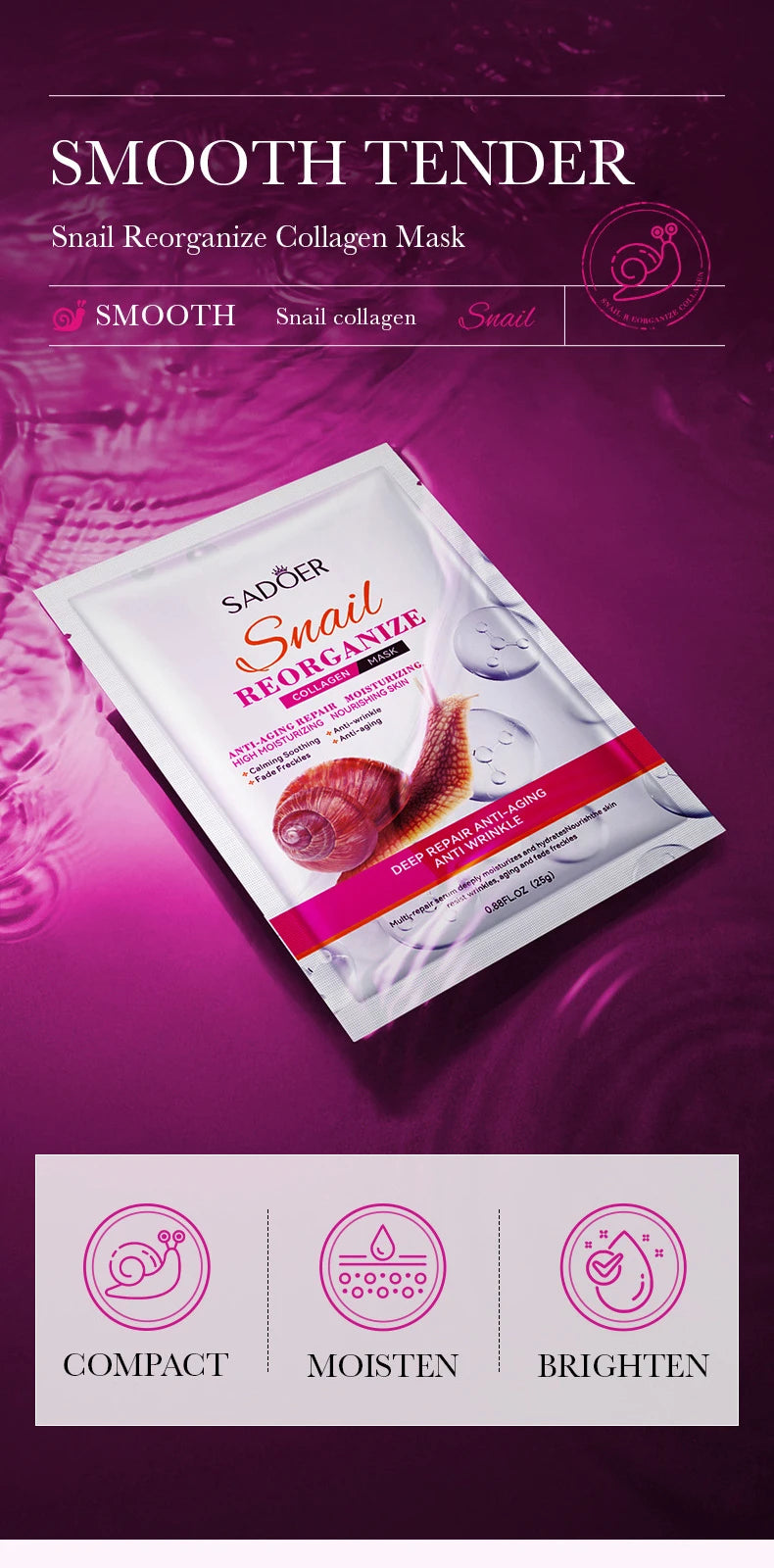 SADOER Snail Collagen Face Mask 5pcs — Firming Moisturizing Brightening Hydrating Facial Skin Care