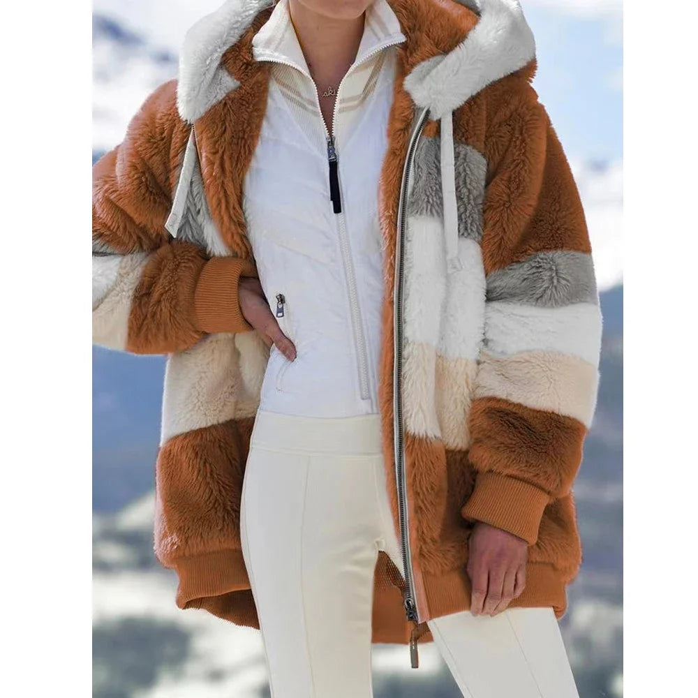Oversized Plush Hooded Jacket — Warm Cashmere Streetwear Coat with Zipper & Pockets for Women