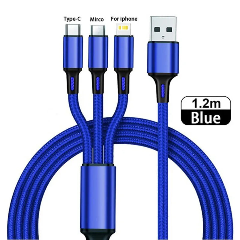 3-in-1 Multi USB Charging Cable — Type-C, Lightning & Micro USB for iPhone, Android & Xiaomi