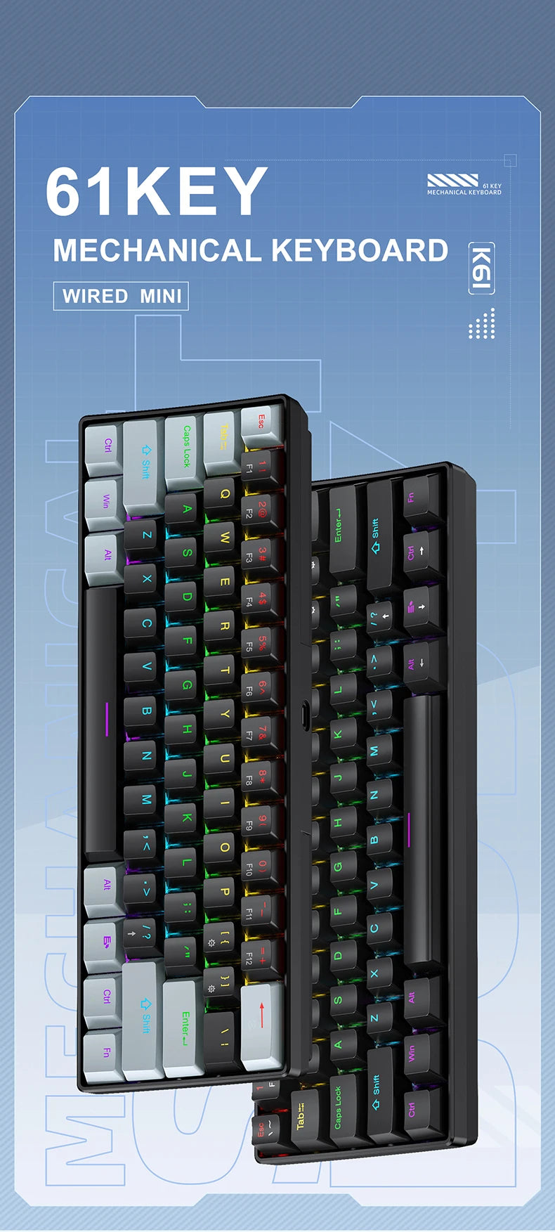 APAYADO K61 Mini Mechanical Keyboard — 61 Keys RGB Wired Gaming Keyboard 60% Portable