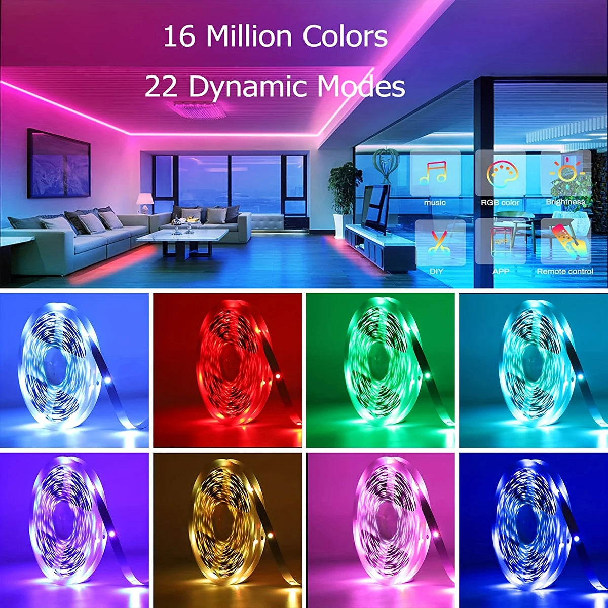 Smart LED Light Strips — RGB Music Sync Color Changing for Room & TV