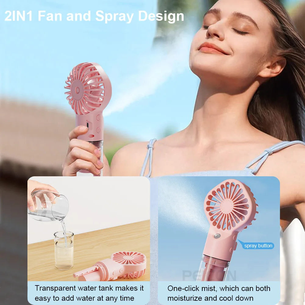 Portable Misting Fan — USB Rechargeable Handheld Humidifier Fan for Home & Outdoor