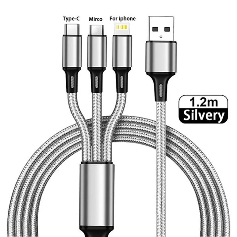3-in-1 Multi USB Charging Cable — Type-C, Lightning & Micro USB for iPhone, Android & Xiaomi