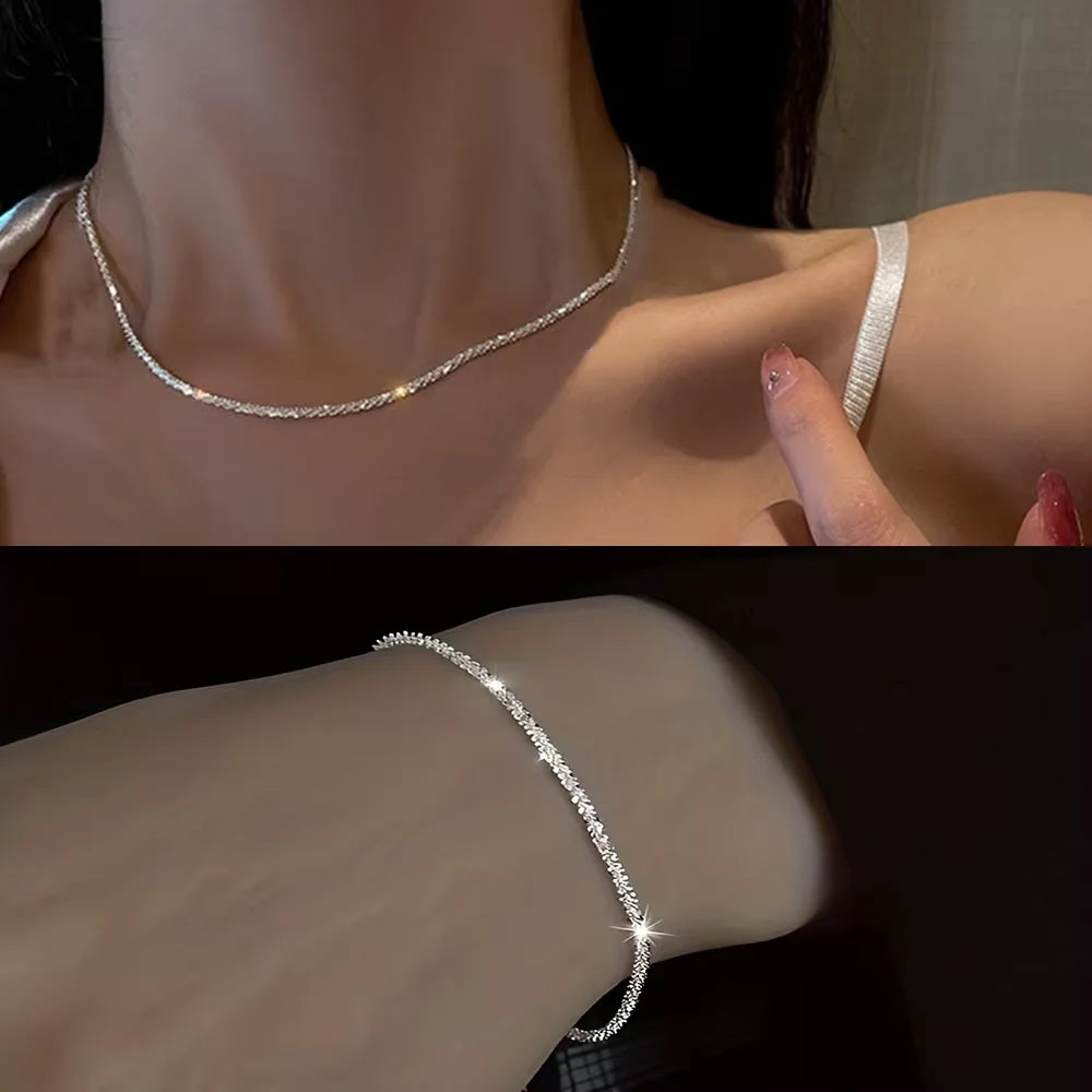 Silver Minimalist Jewelry Set — Starry Sky Collarbone Necklace & Bracelet for Women