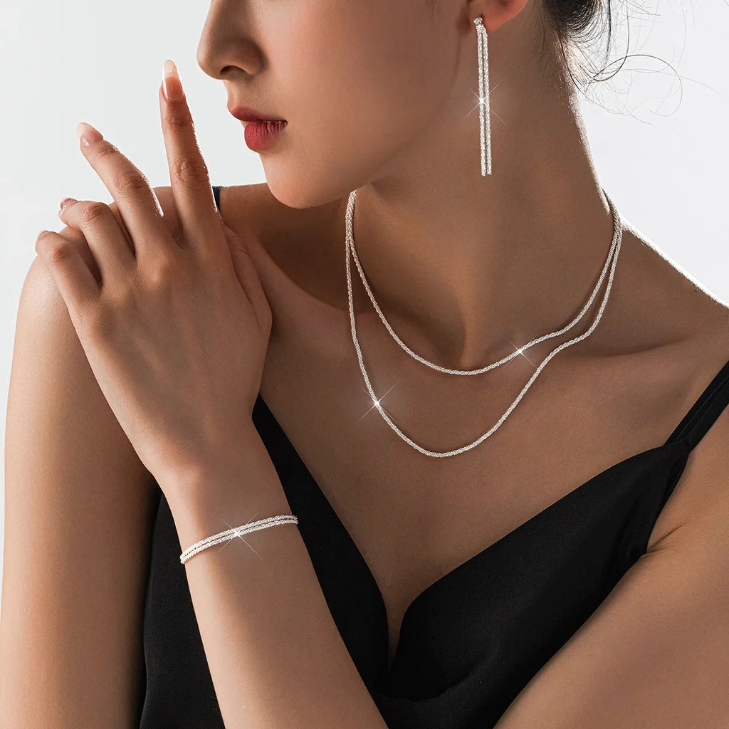 Silver Minimalist Jewelry Set — Starry Sky Collarbone Necklace & Bracelet for Women