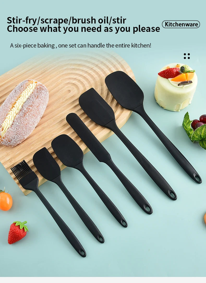 Silicone Kitchen Utensil Set — 6-Piece Baking Tool Set with Spatula, Scraper & Oil Brush