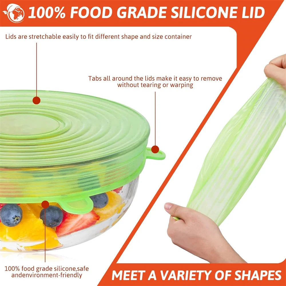 6PCS Silicone Food Cover Set — Reusable Airtight Stretch Lids for Kitchen & Food Storage