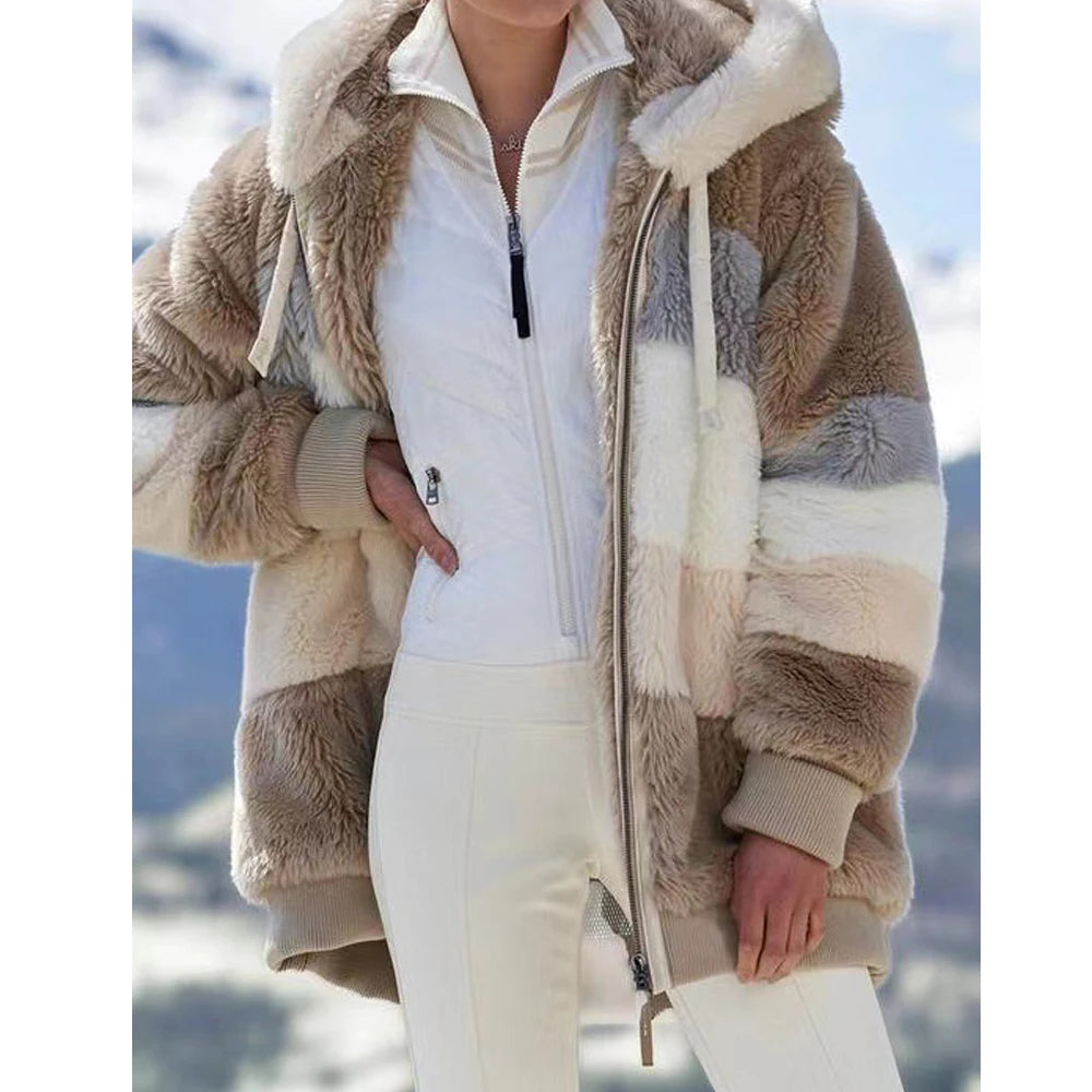 Oversized Plush Hooded Jacket — Warm Cashmere Streetwear Coat with Zipper & Pockets for Women