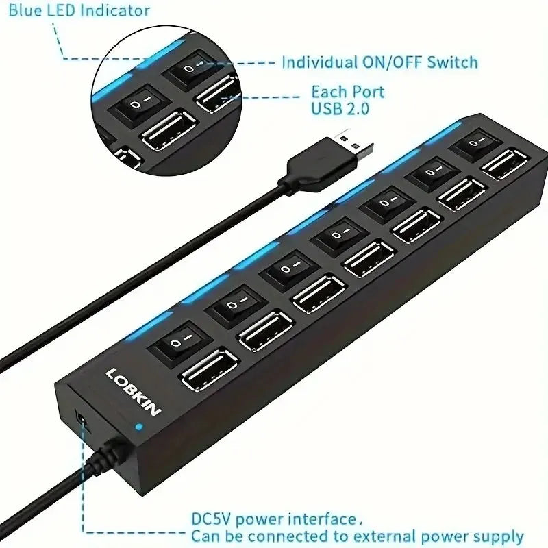 High Speed 4/7 Port USB Hub 2.0 — Multi USB Splitter with LED & Switch for PC & Laptop