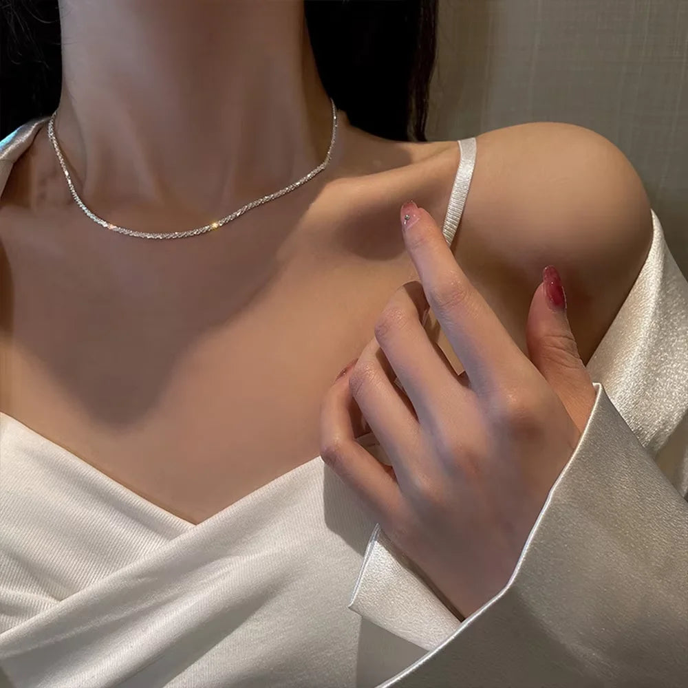 Silver Minimalist Jewelry Set — Starry Sky Collarbone Necklace & Bracelet for Women