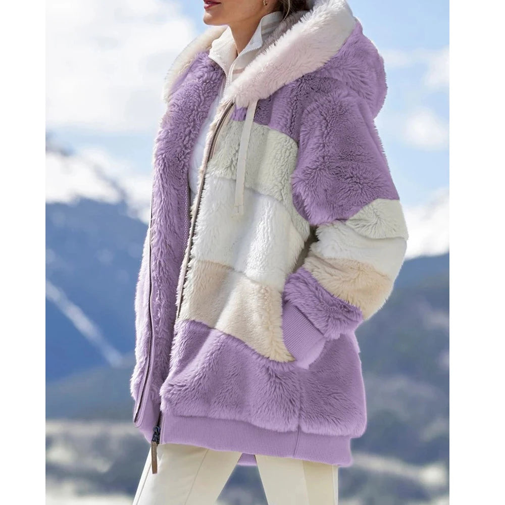 Oversized Plush Hooded Jacket — Warm Cashmere Streetwear Coat with Zipper & Pockets for Women