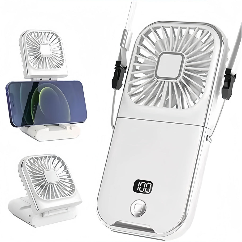 3-in-1 Portable Neck Fan & Power Bank — Foldable USB Rechargeable Desktop Fan for Home, Office & Outdoor
