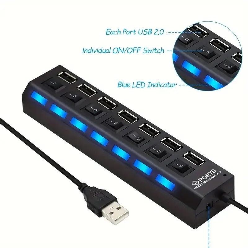 High Speed 4/7 Port USB Hub 2.0 — Multi USB Splitter with LED & Switch for PC & Laptop