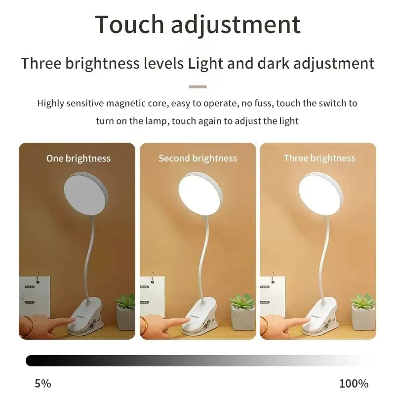 LED Table Lamp with Clamp — USB Rechargeable Foldable Study & Reading Light with Touch 3-Mode Dimming