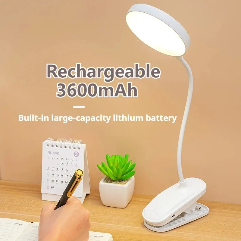 LED Table Lamp with Clamp — USB Rechargeable Foldable Study & Reading Light with Touch 3-Mode Dimming