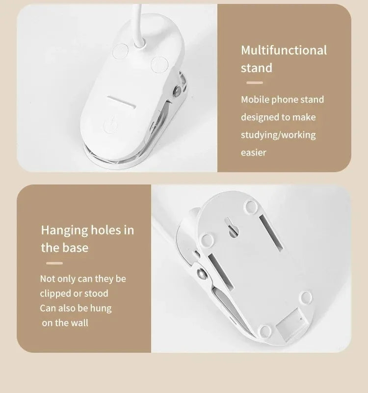 LED Table Lamp with Clamp — USB Rechargeable Foldable Study & Reading Light with Touch 3-Mode Dimming