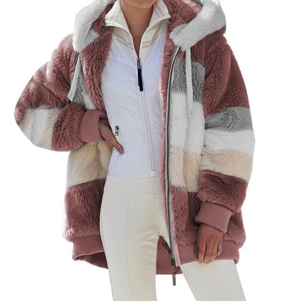 Oversized Plush Hooded Jacket — Warm Cashmere Streetwear Coat with Zipper & Pockets for Women