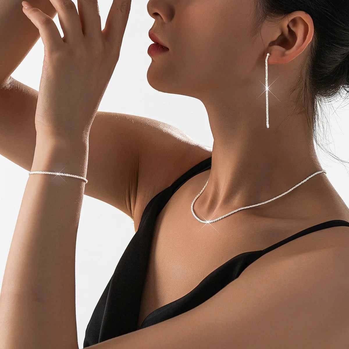 Silver Minimalist Jewelry Set — Starry Sky Collarbone Necklace & Bracelet for Women
