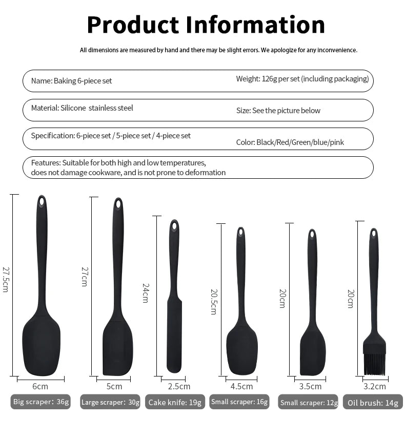 Silicone Kitchen Utensil Set — 6-Piece Baking Tool Set with Spatula, Scraper & Oil Brush