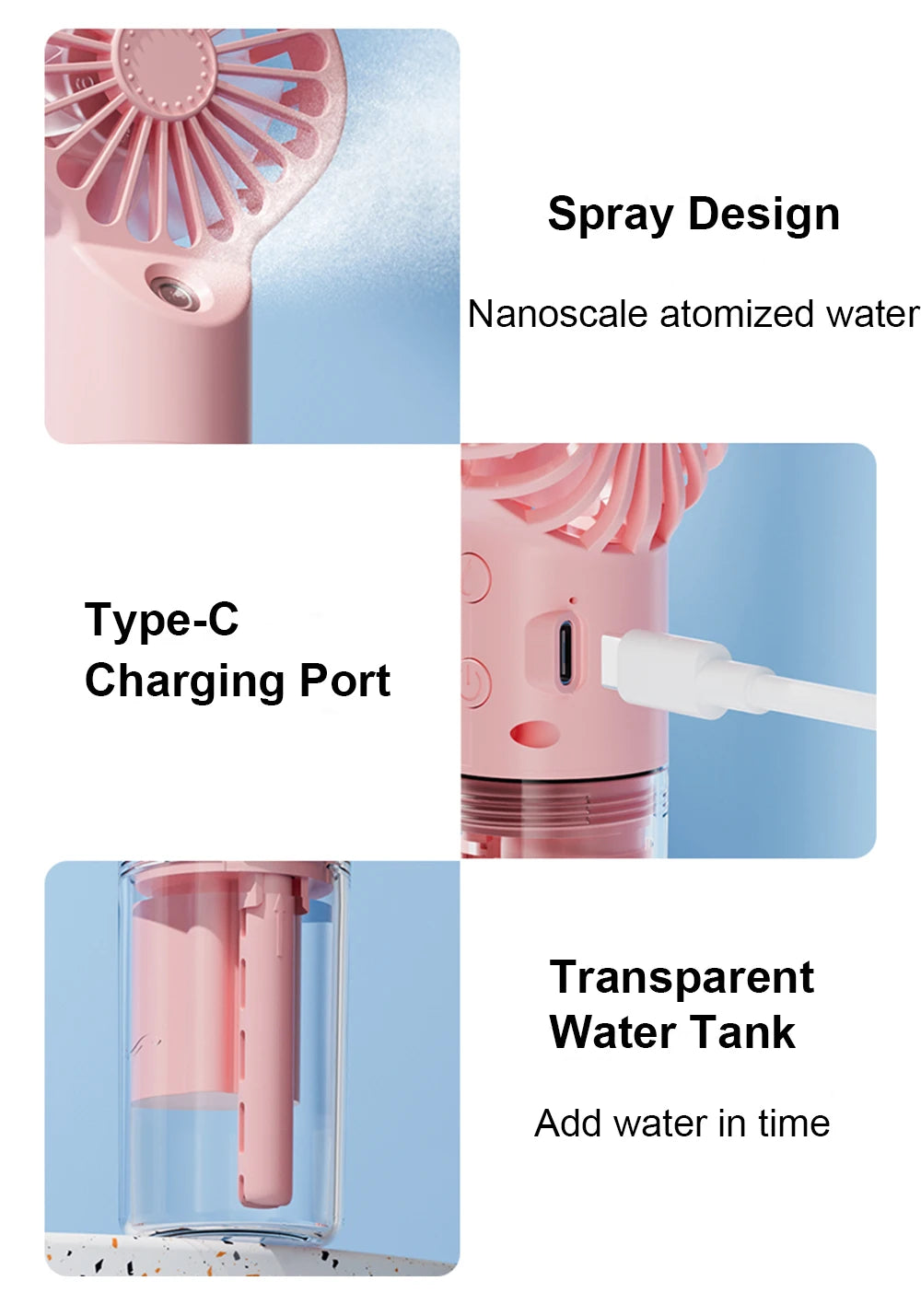 Portable Misting Fan — USB Rechargeable Handheld Humidifier Fan for Home & Outdoor