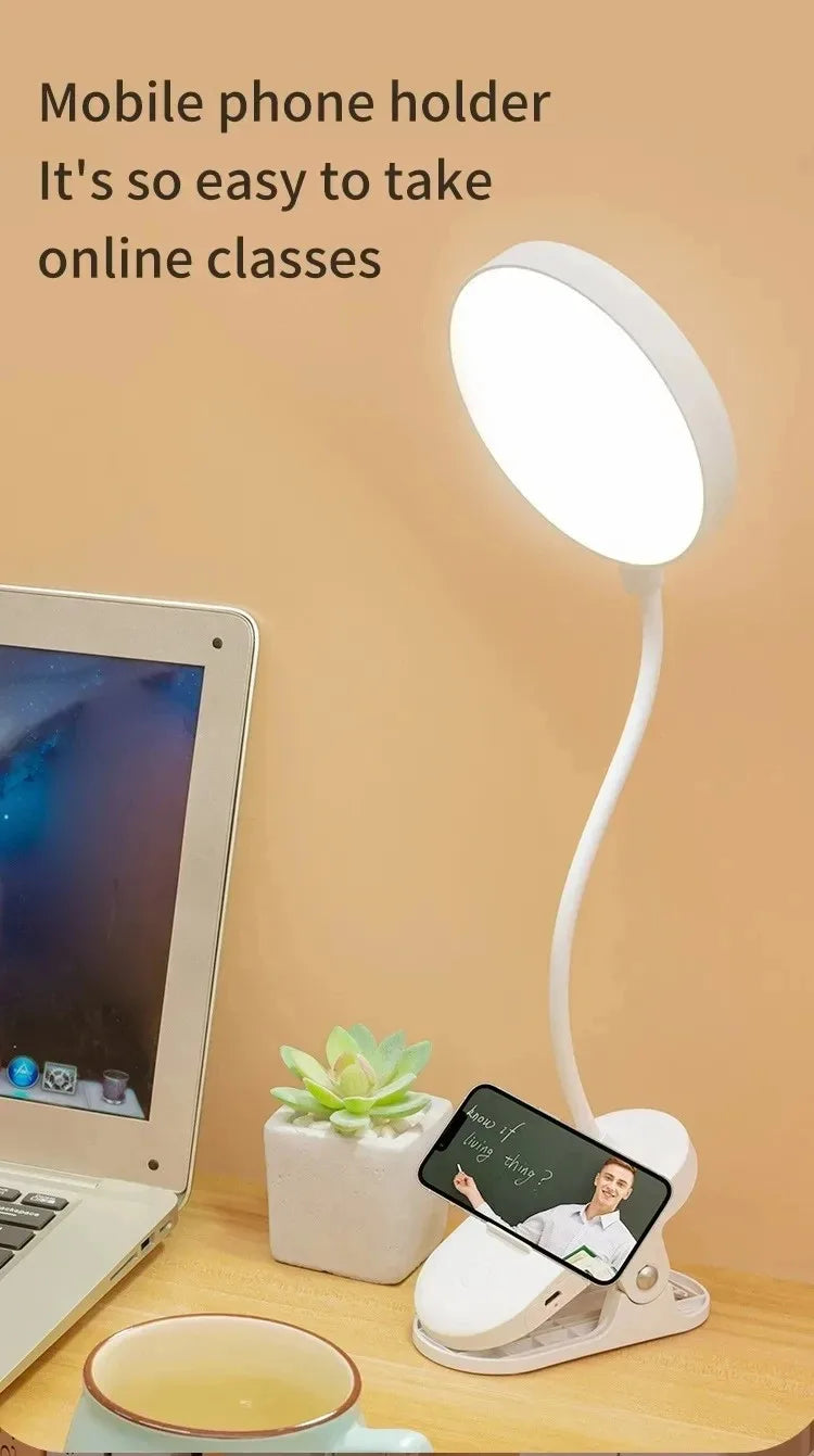 LED Table Lamp with Clamp — USB Rechargeable Foldable Study & Reading Light with Touch 3-Mode Dimming