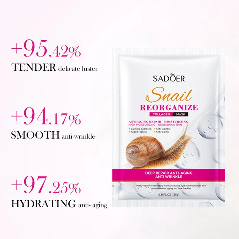 SADOER Snail Collagen Face Mask 5pcs — Firming Moisturizing Brightening Hydrating Facial Skin Care