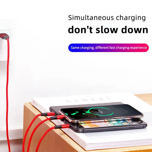 3-in-1 Multi USB Charging Cable — Type-C, Lightning & Micro USB for iPhone, Android & Xiaomi