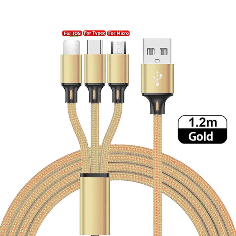 3-in-1 Multi USB Charging Cable — Type-C, Lightning & Micro USB for iPhone, Android & Xiaomi