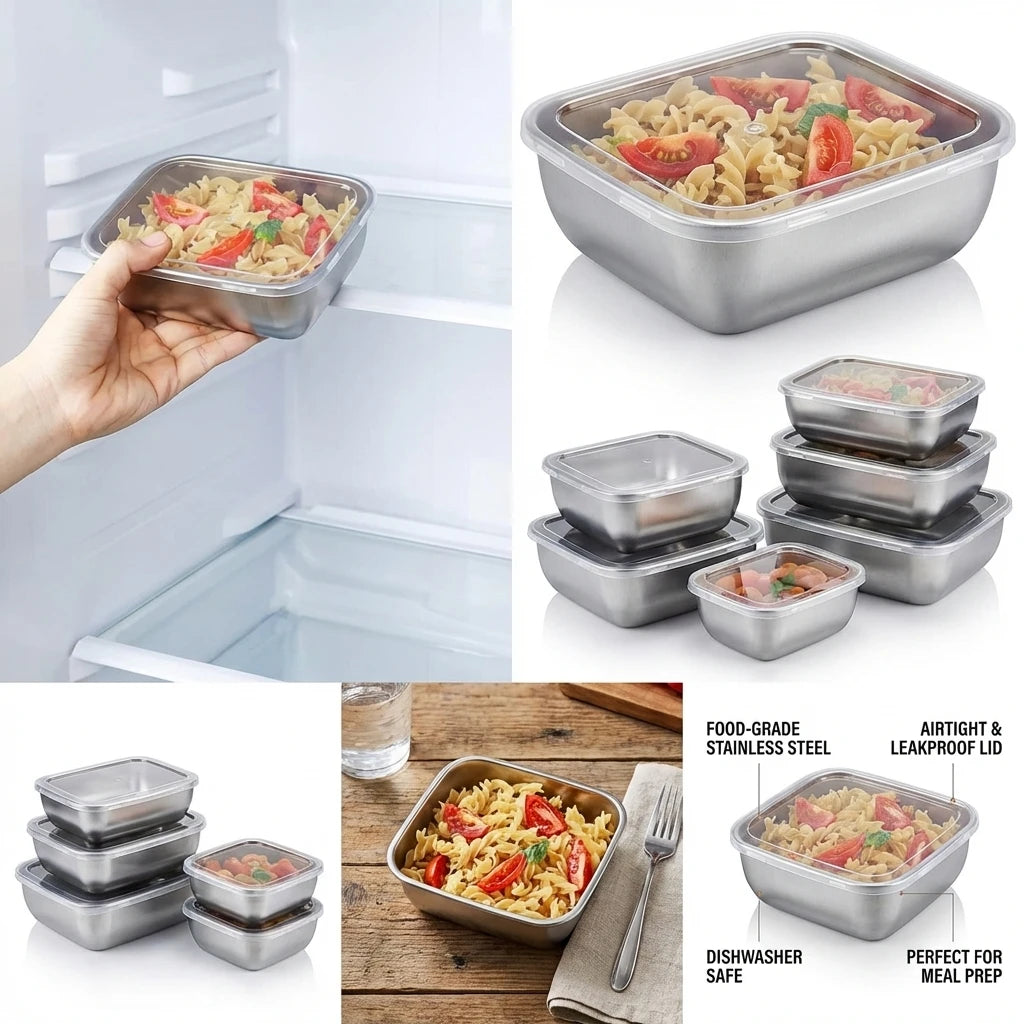 5PCS Stainless Steel Meal Prep Containers — Stackable Food Storage for Kitchen, Fridge & Travel
