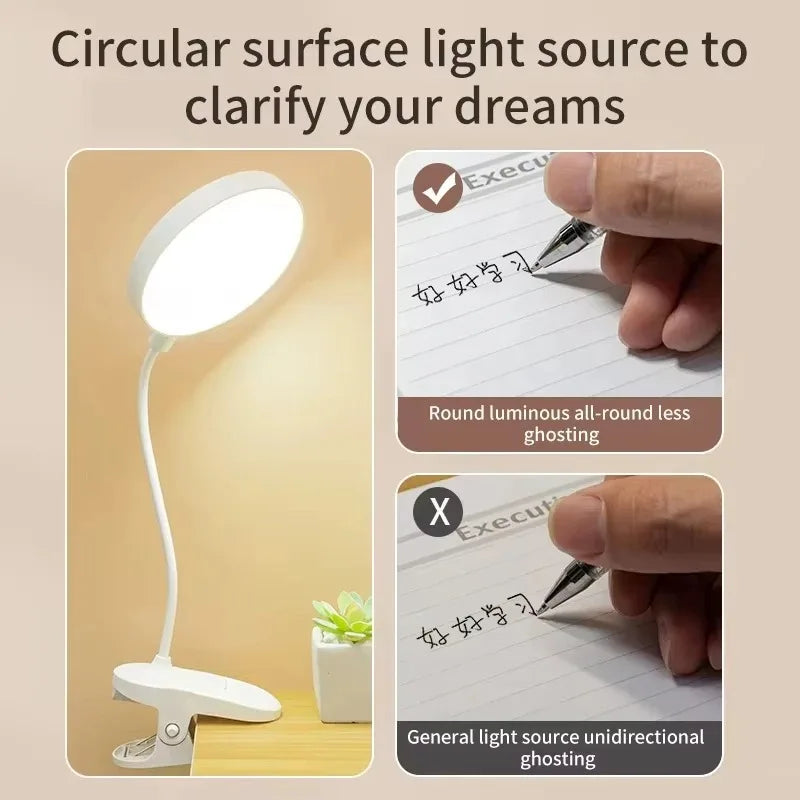 LED Table Lamp with Clamp — USB Rechargeable Foldable Study & Reading Light with Touch 3-Mode Dimming